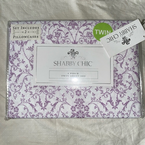 Shabby Chic TWIN Sheet Set 4-Piece Floral Violet Foliage on White Easy Care New - Picture 1 of 4